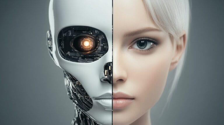 Ilustración conceptual de una figura mitad androide y mitad humana, representando la evolución del SEO tradicional hacia el Generative Engine Optimization (GEO).