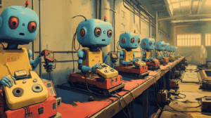 Robots en línea de montaje simbolizando automatización sin alma, en contraste con una automatización consciente y humana