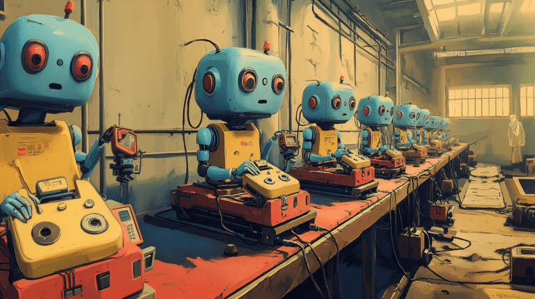 Robots en línea de montaje simbolizando automatización sin alma, en contraste con una automatización consciente y humana