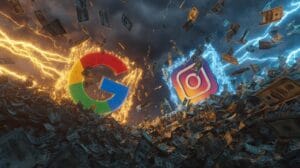Ilustración simbólica del impacto entre Instagram y Google: dos plataformas compiten por la atención digital mientras millones de dólares vuelan entre ellas.