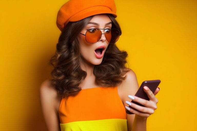 Mujer influencer sorprendida revisando su móvil, con fondo amarillo vibrante.